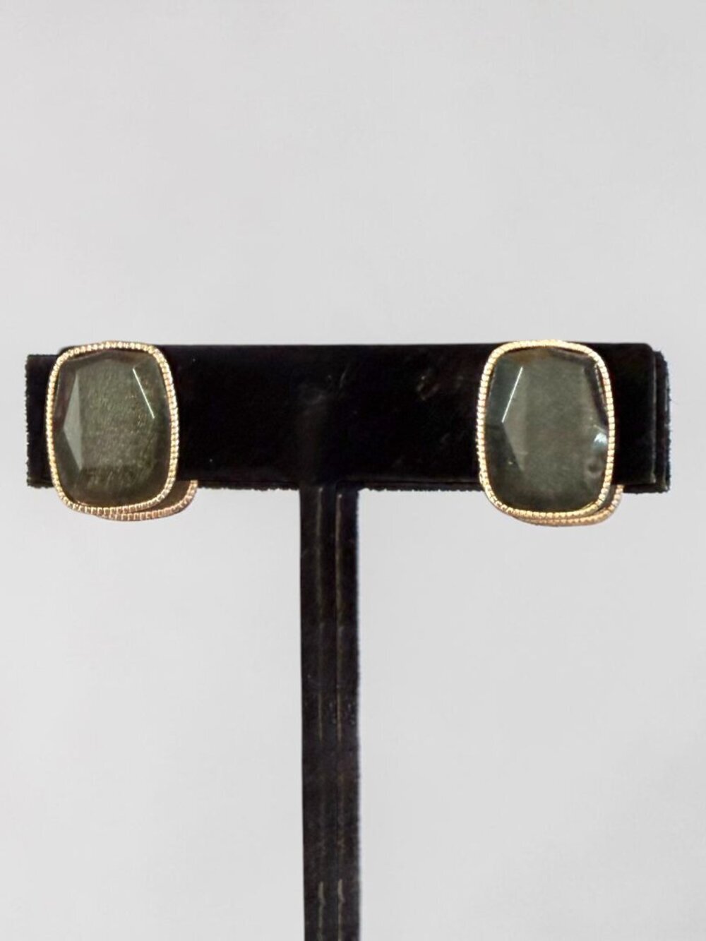 Vintage Monet Gold Tone Clip On Earrings Green Gray Faceted Stone Cushion Rectan